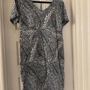 V-Neck Short Sleeve Printed Women’s Dress - Blue & Black Women with Control